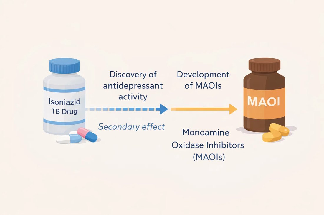 Illustration of the discovery of isoniazid's mood-boosting effect in tuberculosis patients